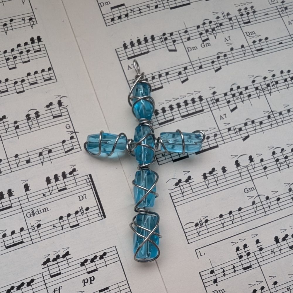 Wire Wrapped Blue Cross Pendant